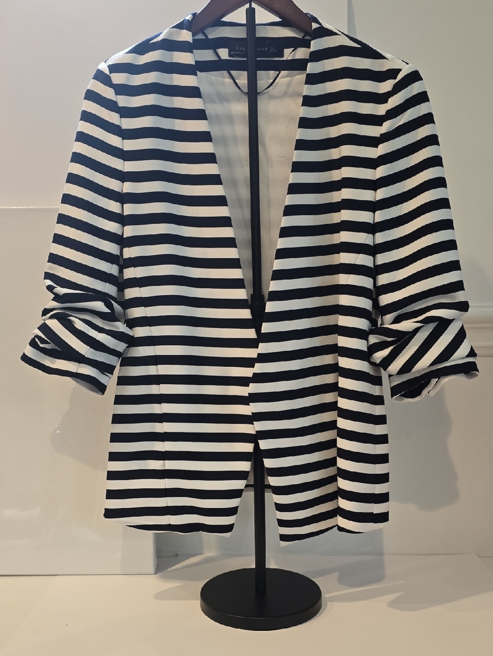 Zara Woman Navy Blue & White Striped Open-Front Blazer Size M